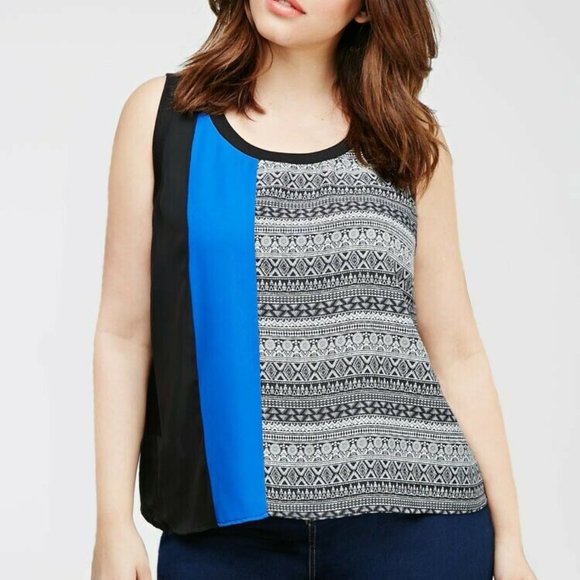 FOREVER 21 Plus Size 2x Black Blue Colorblocked Print Blouse Sheer Open Back - Picture 1 of 7